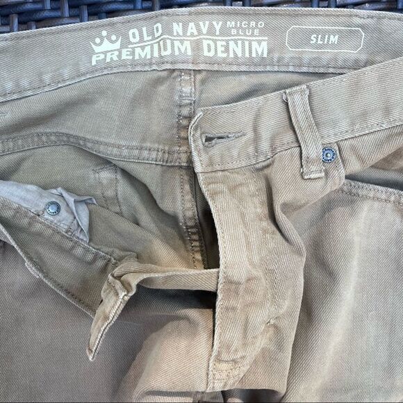 OLD NAVY MICRO BLUE PREMIUM DENIM TAN KHAKI  SLIM JEANS 36/34 - Picture 5 of 9